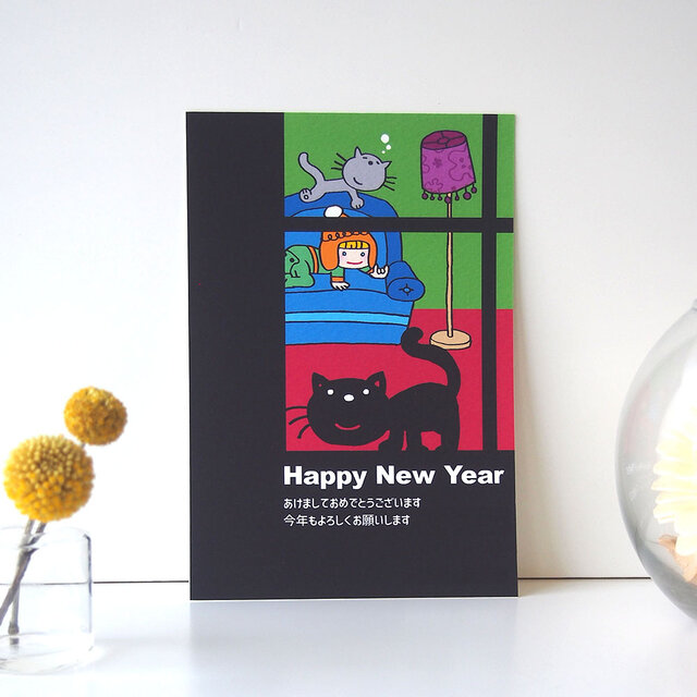 用途選べるポストカード【窓際の黒猫】４枚セット