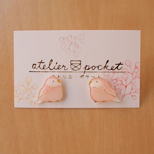 【再販】プラバンピアス＊アキクサインコ・ピンク