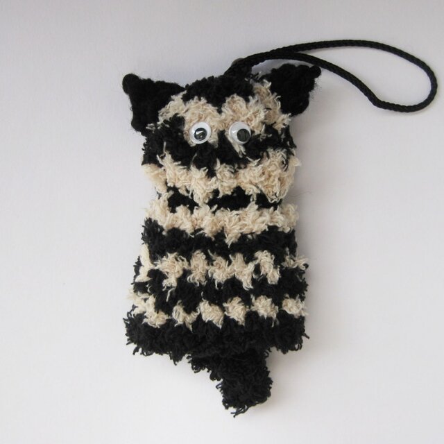 キーケース ねこ ブラックxベージュ