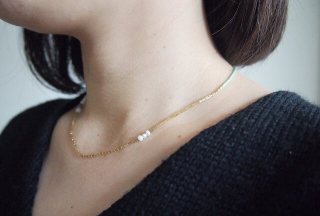 mb-necklace2-02064 淡水パール×ビーズネックレス グリーン | L