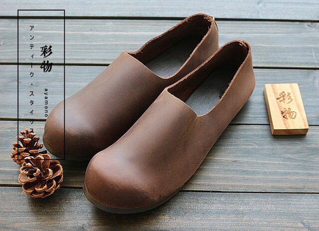 【受注製作】100%牛革縫製ぺたんこ靴、丸トウ茶褐 KT738290の画像1枚目