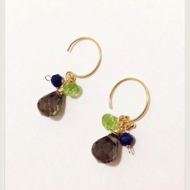 14gf【jewelry series】スモーキークォーツ×ペリドット ピアス/イヤリング