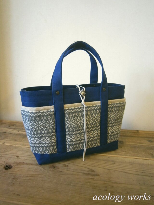 「wool tote」S　ブルー×ノルディックグレー