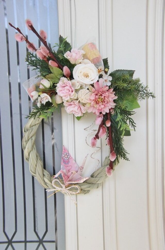 桃色猫柳のお正月リース