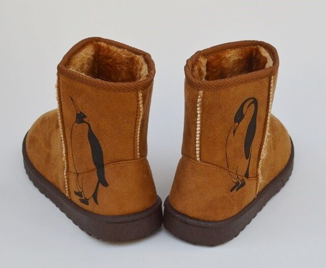 メンズ ペンギン ボアブーツ 靴 キャメル オリジナルデザイン シルクスクリーン 冬物ブーツ Iichi ハンドメイド クラフト作品 手仕事品の通販