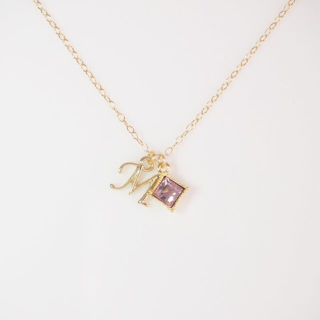 【14kgf】イニシャル&スワロフスキーネックレス Square/ライトアメジストの画像1枚目