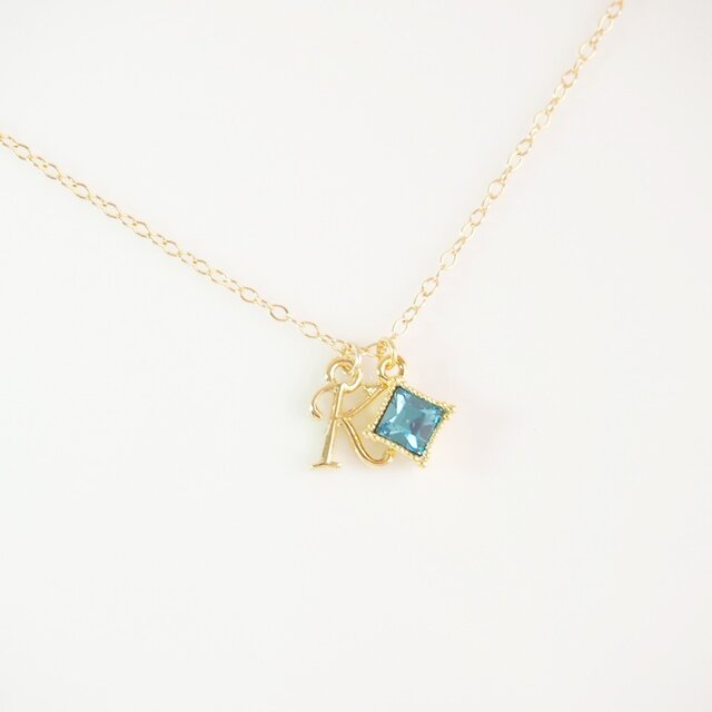 【14kgf】イニシャル&スワロフスキーネックレス Square/アクアマリンの画像1枚目