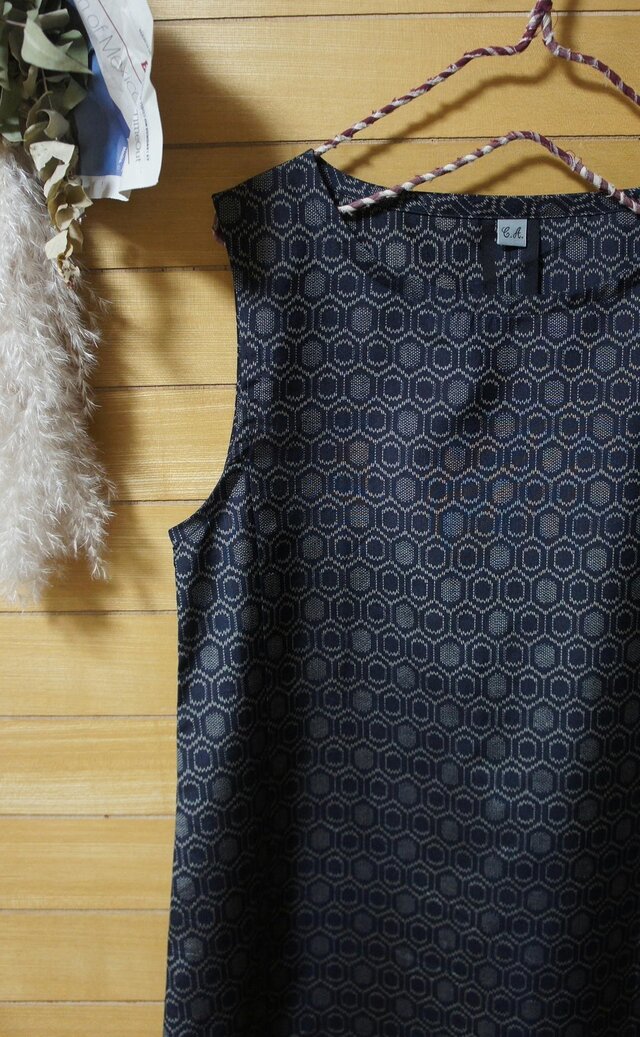 展示　紬　シンプルＡラインワンピース　着物リメイク