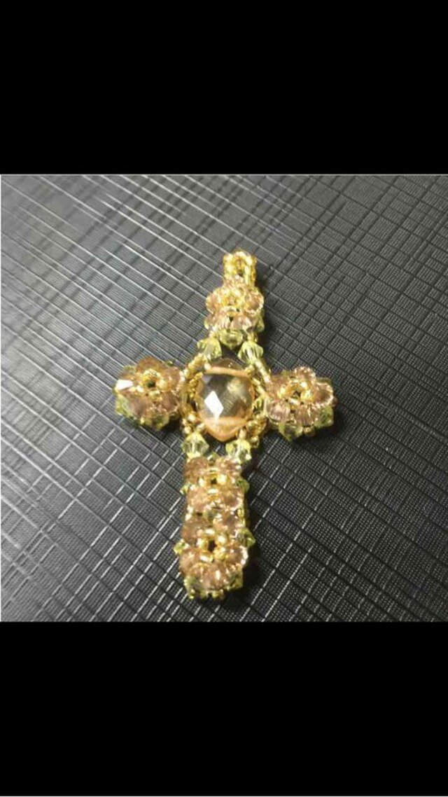 ハンドメイド スワロフスキー クロスTOP 茶×黄の画像1枚目