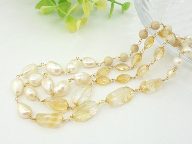 【Sold】k14gf シトリン&淡水パール*ロングネックレスの画像1枚目