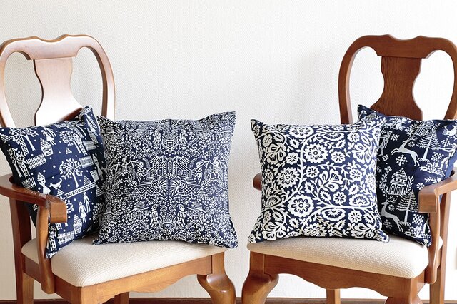 チェコ製 藍染め ファブリック クッションカバー シノワズリ | iichi