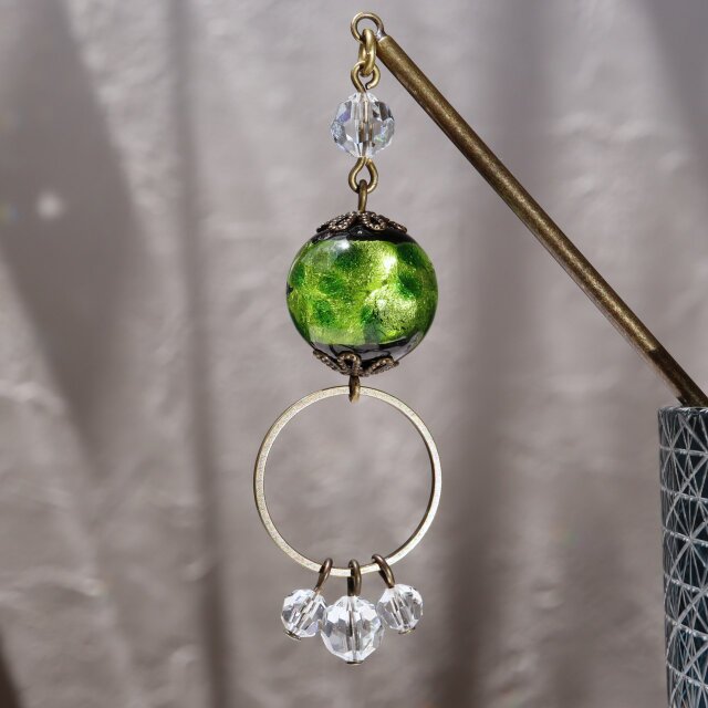 かんざし 一本 とんぼ玉 ホタル ガラス 工芸品 緑 フォレスト グリーン