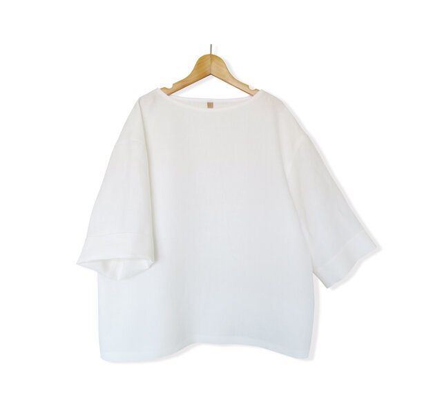 リネン100%ゆる袖ボートネック7分袖丈プルオーバー_Whiteの画像1枚目