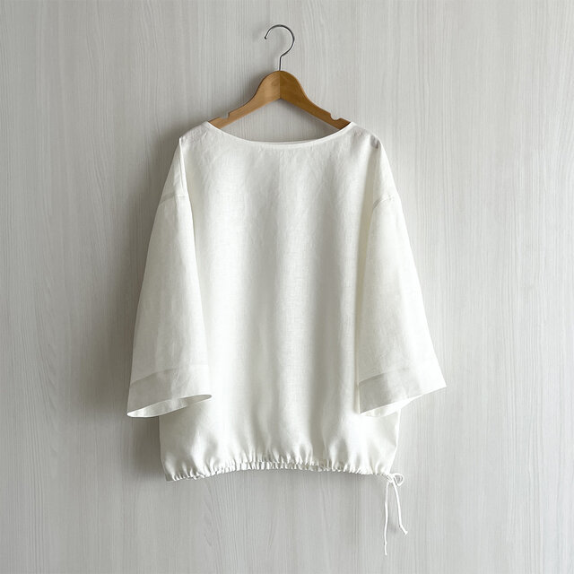 ゆる袖ボートネック7分袖丈プルオーバー_選べる裾仕様_リネン100%_White
