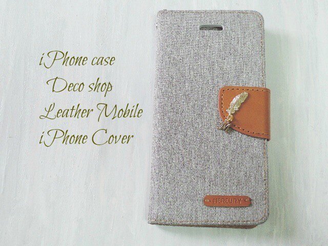 イニシャル&フェザー♡ iPhone6/6s手帳型ケース キャンバスグレーの画像1枚目