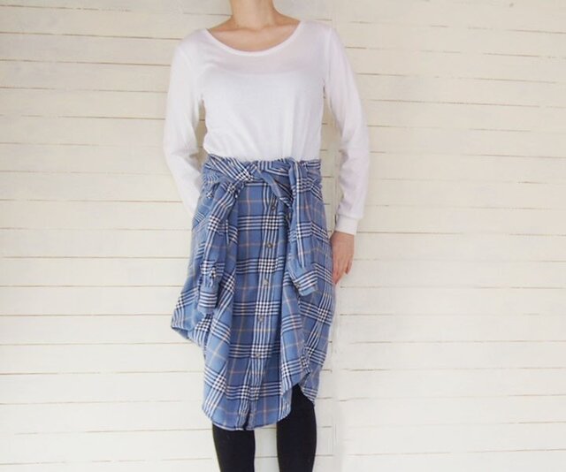 whiteblueネルシャツリメイク ワンピースの画像1枚目