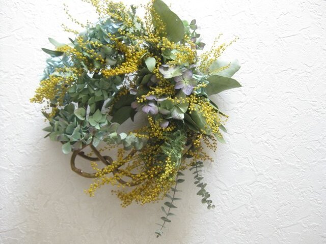 紫陽花とミモザwreathの画像1枚目