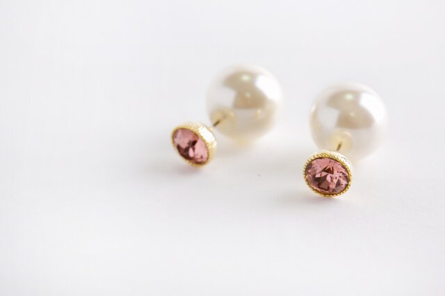 1粒スワロフスキー&16mmパールキャッチピアス pinkの画像1枚目