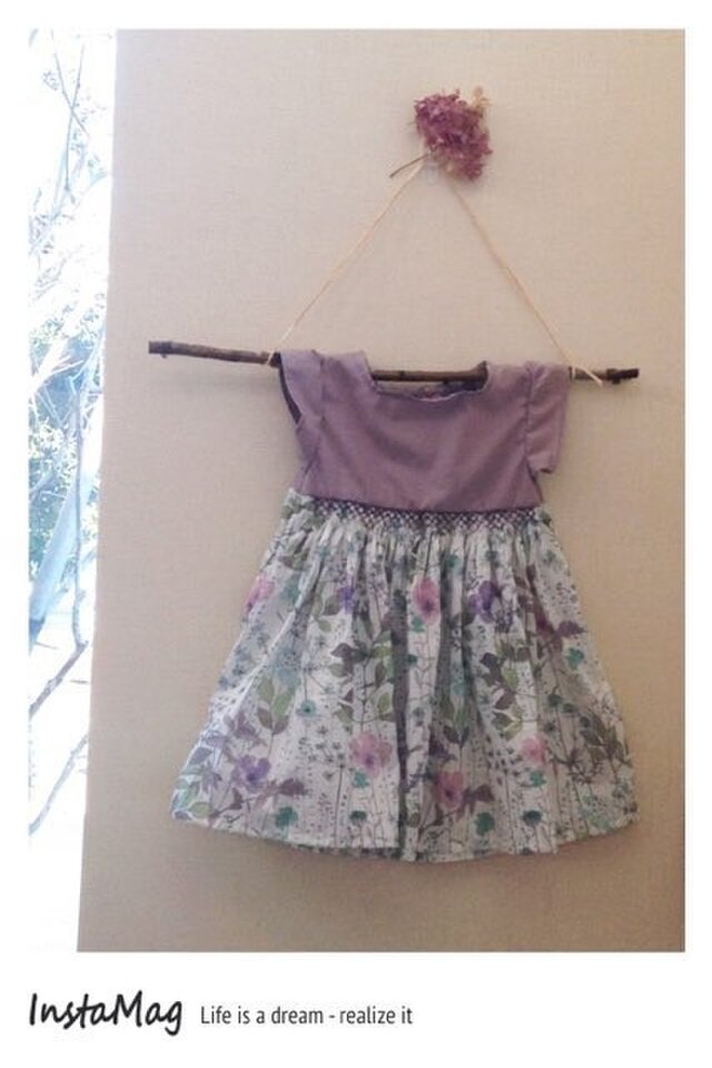 80cmライラックの服 リバティスモッキングワンピースの画像1枚目