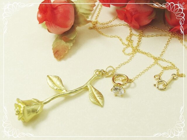 *K14GF***N69*薔薇とジルコニアリング☆ロングネックレス(70cm)の画像1枚目