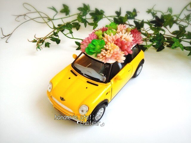 元気いっぱいビタミンカラーミニクーパ!ミニカーフェイク多肉植物の画像1枚目