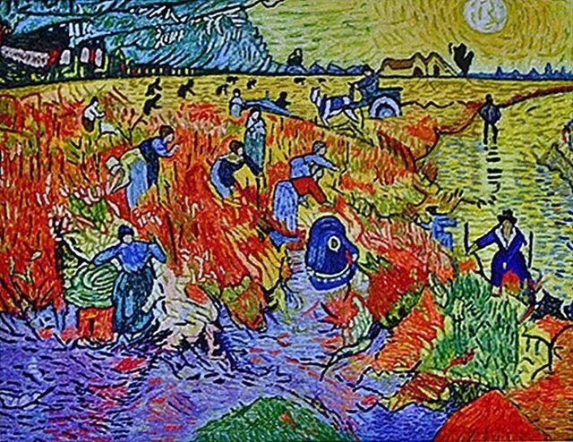 【展示品】刺繍絵画:ゴッホの赤い葡萄畑の画像1枚目