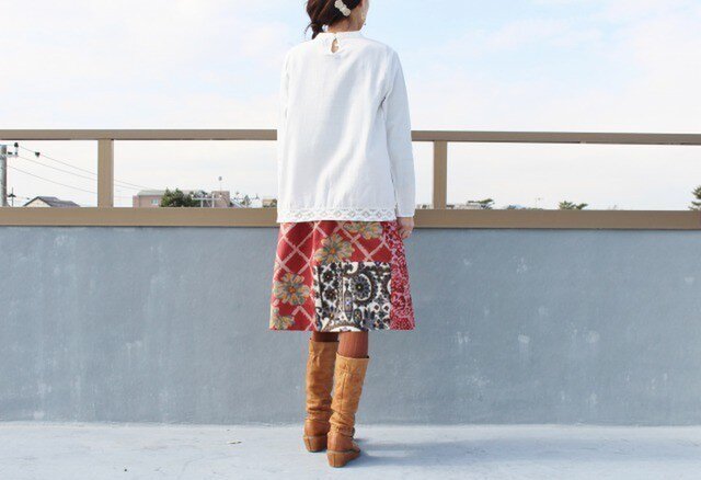 着物リメイク・銘仙の毎日スカート・パッチワーク（赤・L） | iichi