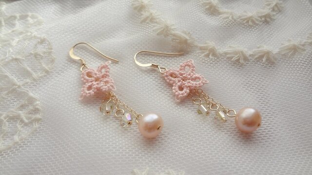 【14KGF】レース小花のピアス(ピンク)の画像1枚目