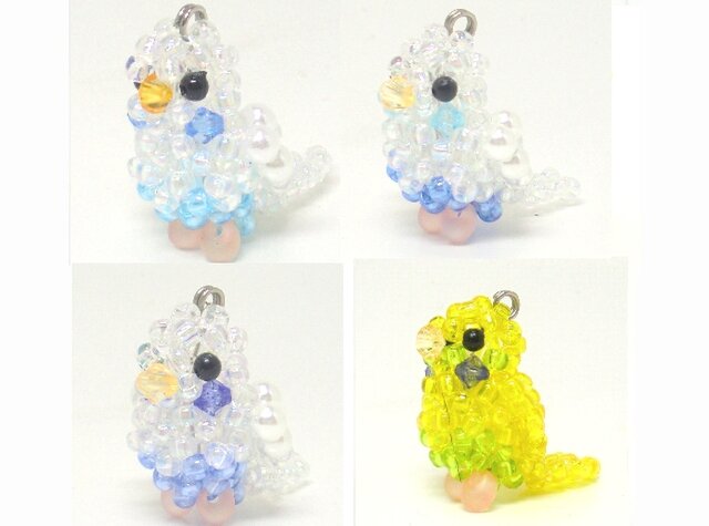 セキセイインコ シリーズ☆4 ビーズの小鳥3WAYストラップ(ストラップ・イヤホンジャック・ファスナーチャーム)の画像1枚目
