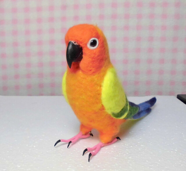 ライフサイズ コガネメキシコインコ 羊毛フェルト 受注作成 羊毛インコ