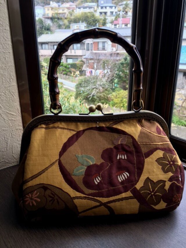 帯地竹の手がま口手さげ　（生地がありませんので、再出品できません）