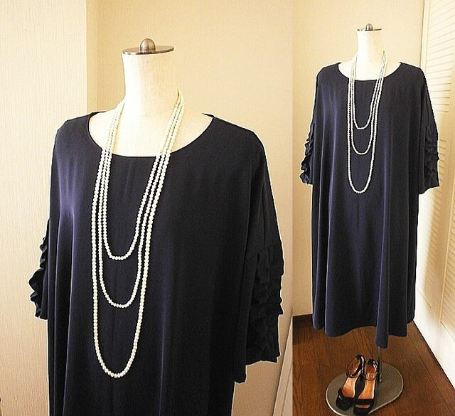 *SOLD 後姿も綺麗♪♪ ドレープ フリル op ロング ネイビーの画像1枚目