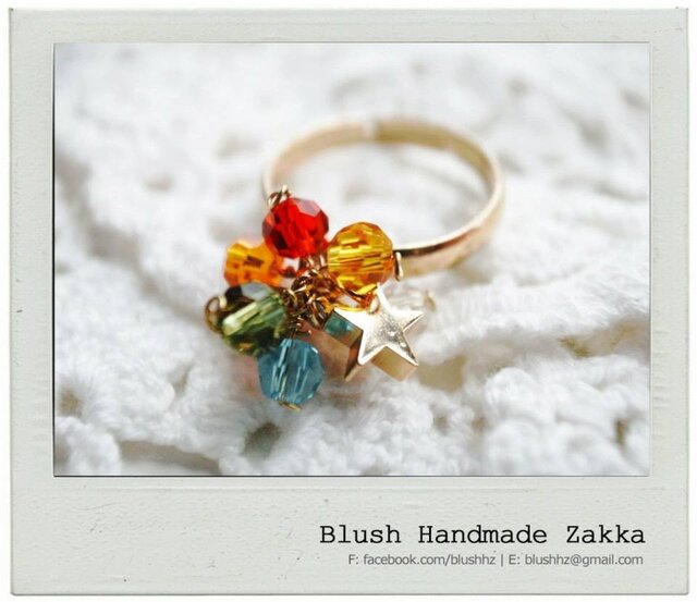 Blush Handmade Zakka:虹のクリスタルビーズ調節可能な金メッキリングの画像1枚目