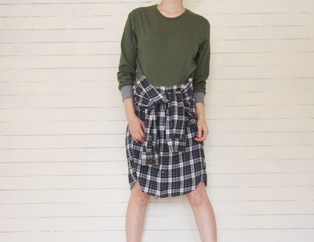 kahkigreenネルシャツリメイク ワンピースの画像1枚目