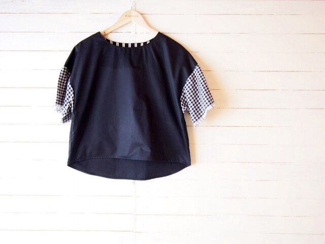 ギンガムドロップショルダーブラウス BLK の画像1枚目