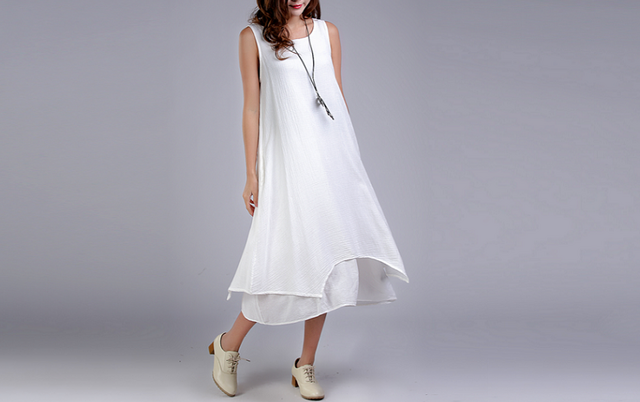 綿麻刺繍生地 重ね風ノースリーブワンピース ♪White♪ の画像1枚目
