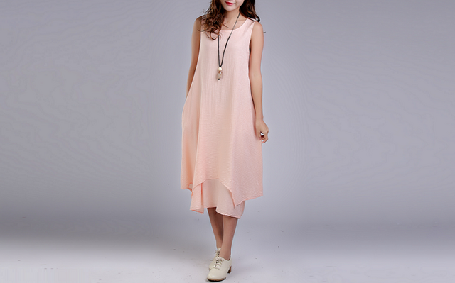 綿麻刺繍生地 重ね風ノースリーブワンピース ♪Skin Pink♪の画像1枚目
