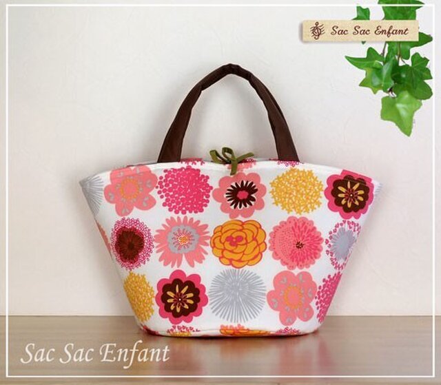 カゴ型バッグ Timbre Fleur(花スタンプ)ピンク×グレー Mサイズの画像1枚目