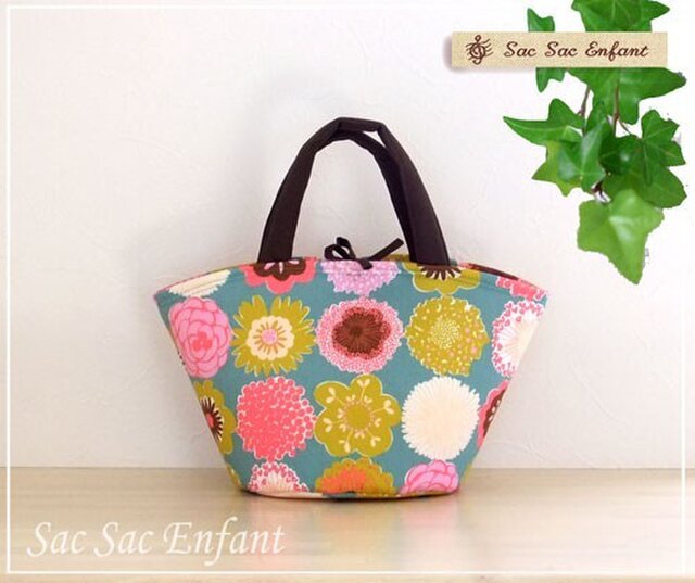 カゴ型バッグ Timbre Fleur(花スタンプ)ブルー×イエロー Sサイズの画像1枚目