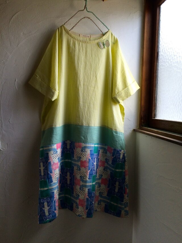 リネン混　シャンブレーイエロー×バニランコットン水彩画　バイカラーワンピース