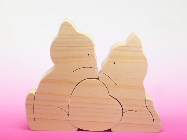 送料無料 木のおもちゃ 動物組み木 ねことハートの画像1枚目