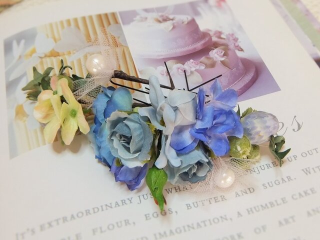 オフィーリアの花かんざし☆コーネリアスローズ&デルフィー6本セット☆*くすみブルーの画像1枚目
