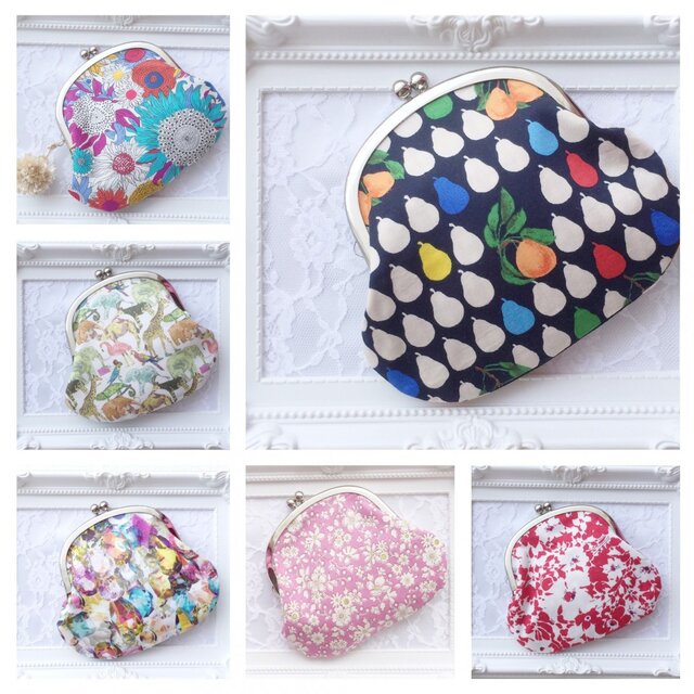 Pear pattern 洋梨のがま口ポーチ　リバティ　手刺繍　ハンドメイド 受注製作【受注製作】【LIBERTY】洋梨柄シリーズ がま口お財布 | iichi