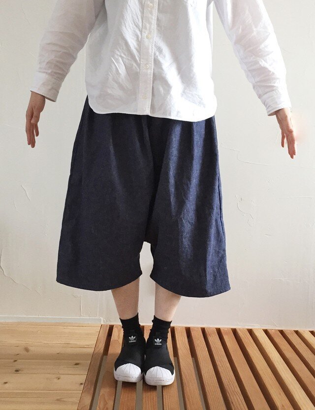 【大人用】春コーデ プチサルエルパンツ ハーフリネンデニム フリーサイズ