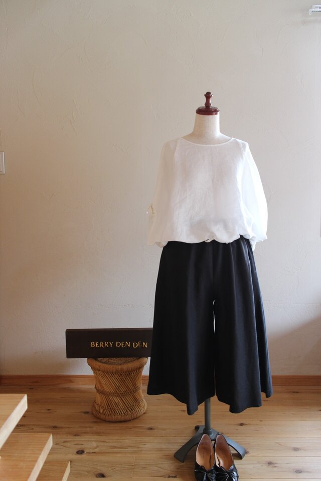 リネンガウチョパンツ「黒　75センチ丈　ポケット付き」