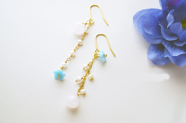 天然石 ローズクォーツ&真珠ピアス Principessa Rose Quartz earrings P0029の画像1枚目
