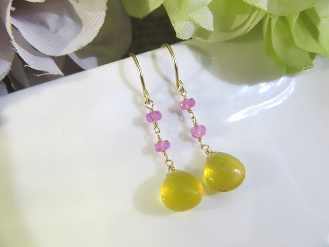 Sold:イエローオパール×ピンクサファイアのロングピアスの画像1枚目