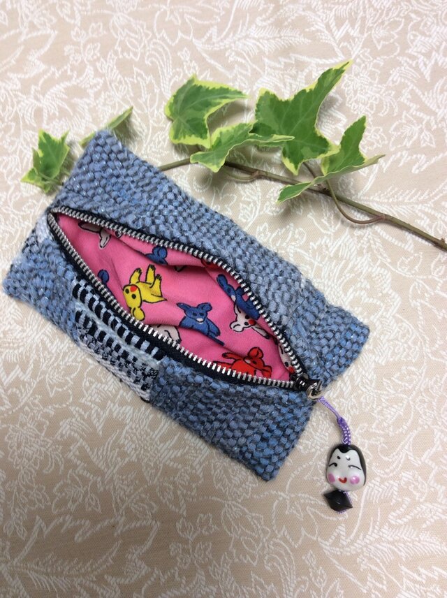 おかめひょっとこ☆裂き織りパッチワークの小物入れの画像1枚目