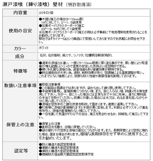 瀬戸漆喰20kg-1箱 DIYも可能な砂漆喰既調合の練り漆喰 日本初大臣認定