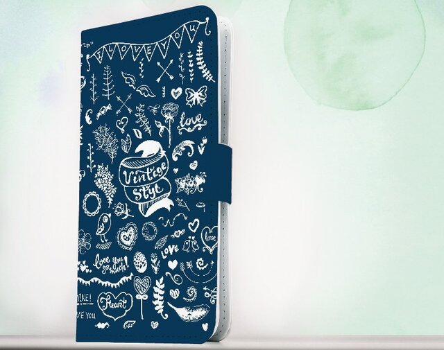 全機種対応 手帳型 スマホケース iPhoneXs iPhone9 イラスト ビンテージなイラスト ブルーの画像1枚目